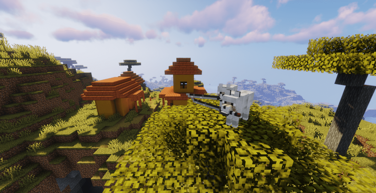 Игровой скриншот Minecraft с применённым текстур-паком Samurai Dog, показывающий собаку-самурая в действии