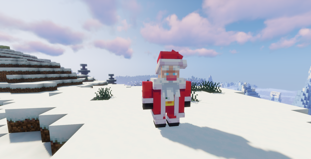 Скриншот Minecraft с текстур-паком Santa-claus, показывающий праздничного торговца