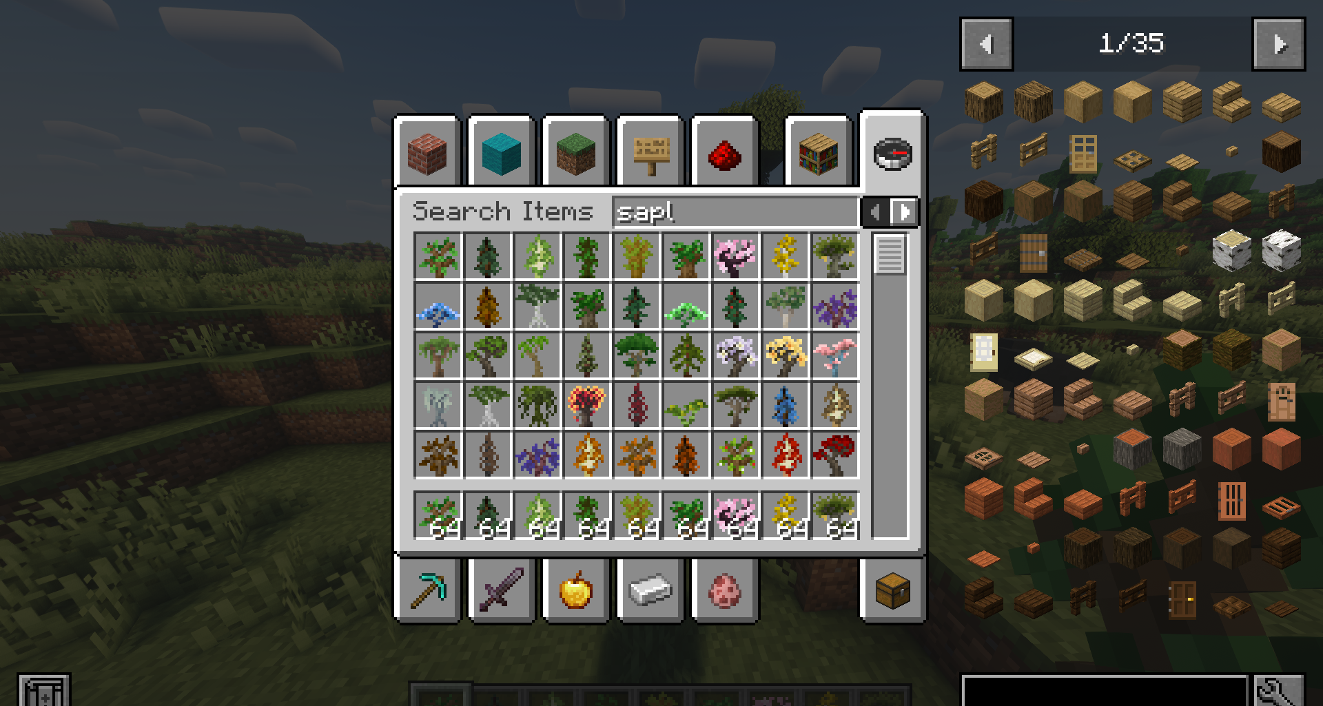 Интерфейс крафта саженцев в Minecraft с использованием мода Sapling Tweaks