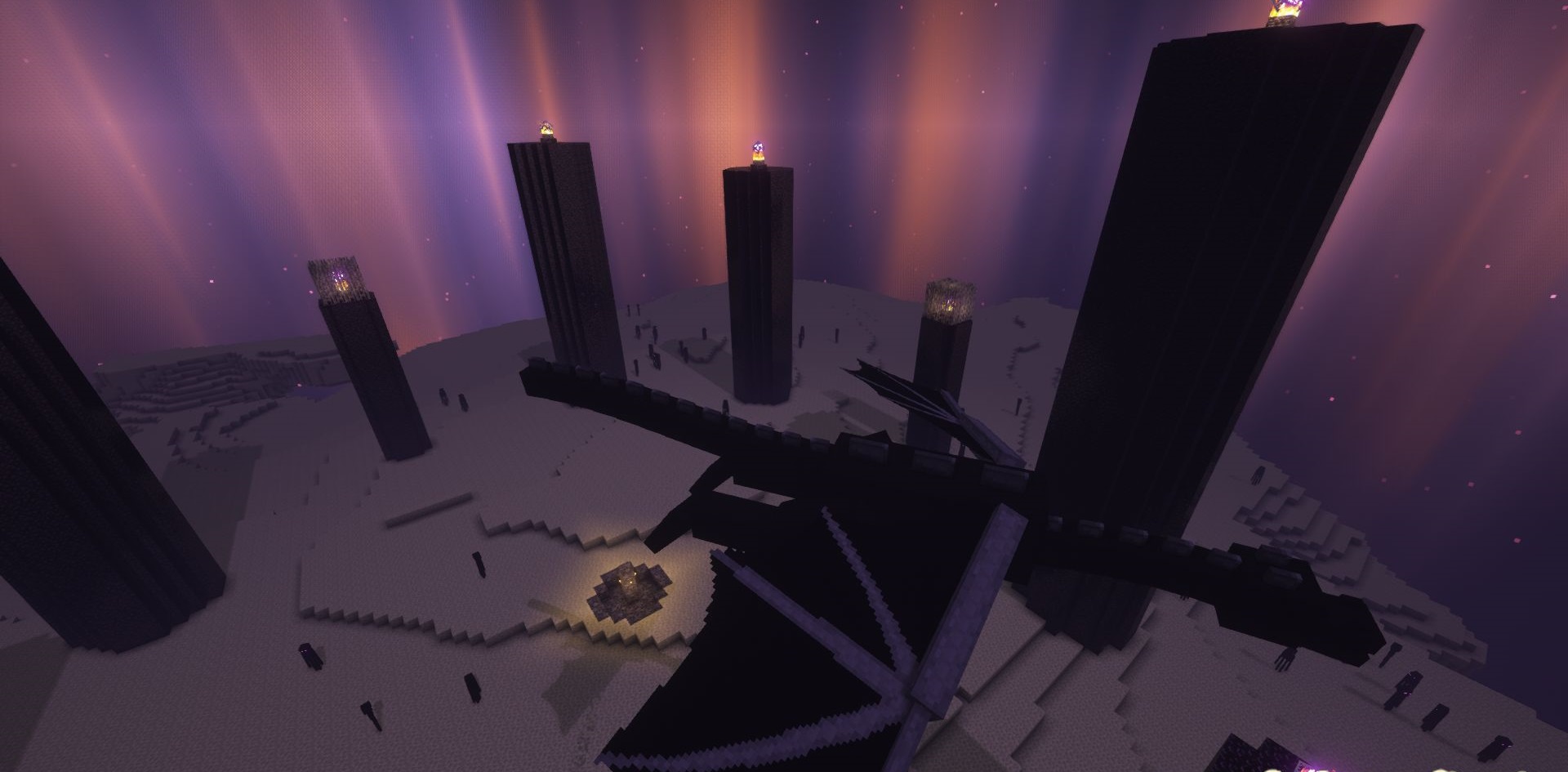 Группа игроков сражается с усиленным драконом Эндера в Minecraft