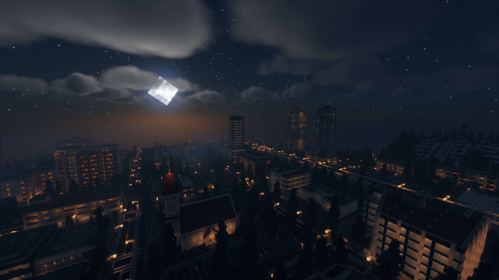 Ночной пейзаж в Minecraft с шейдерами, демонстрирующий красивое лунное освещение