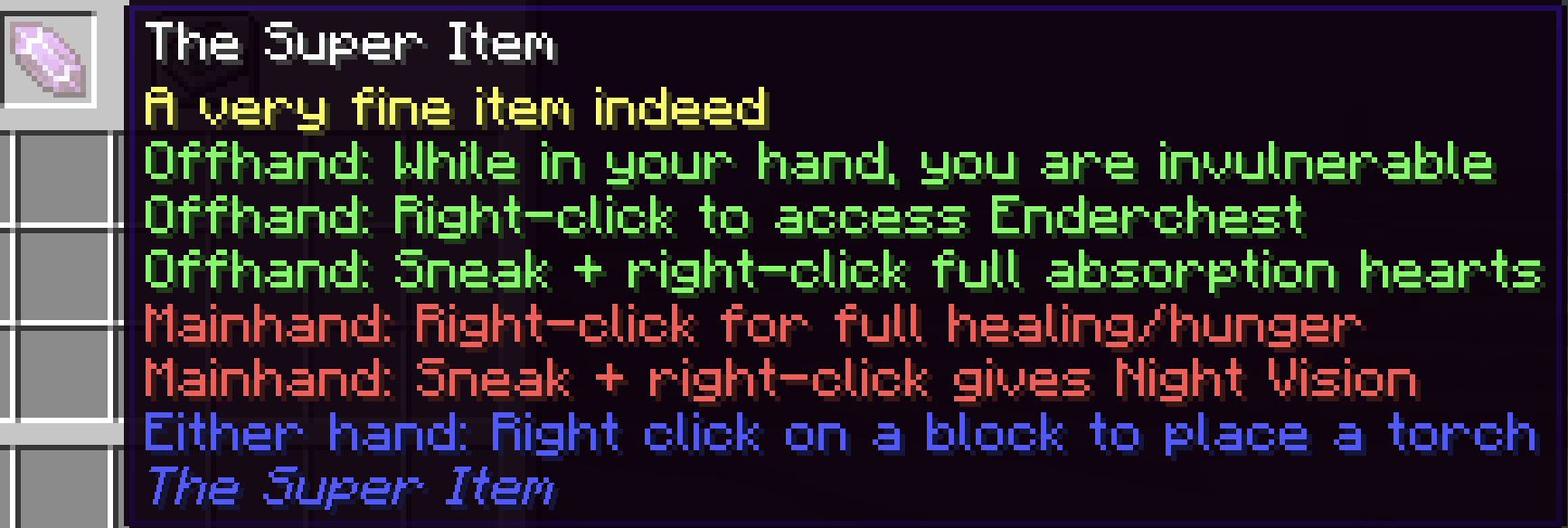 Интерфейс использования The Super Item в Minecraft с активированными функциями