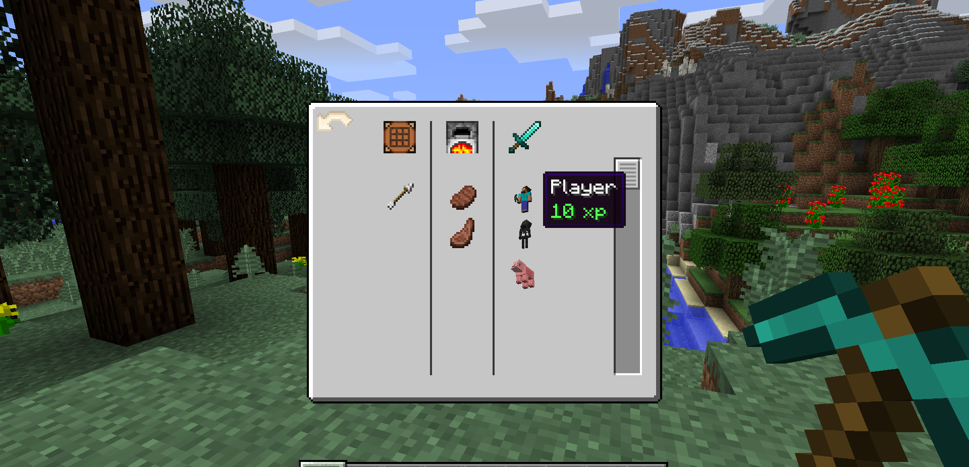 Пример крафта в Minecraft: верстак, кирка и факел