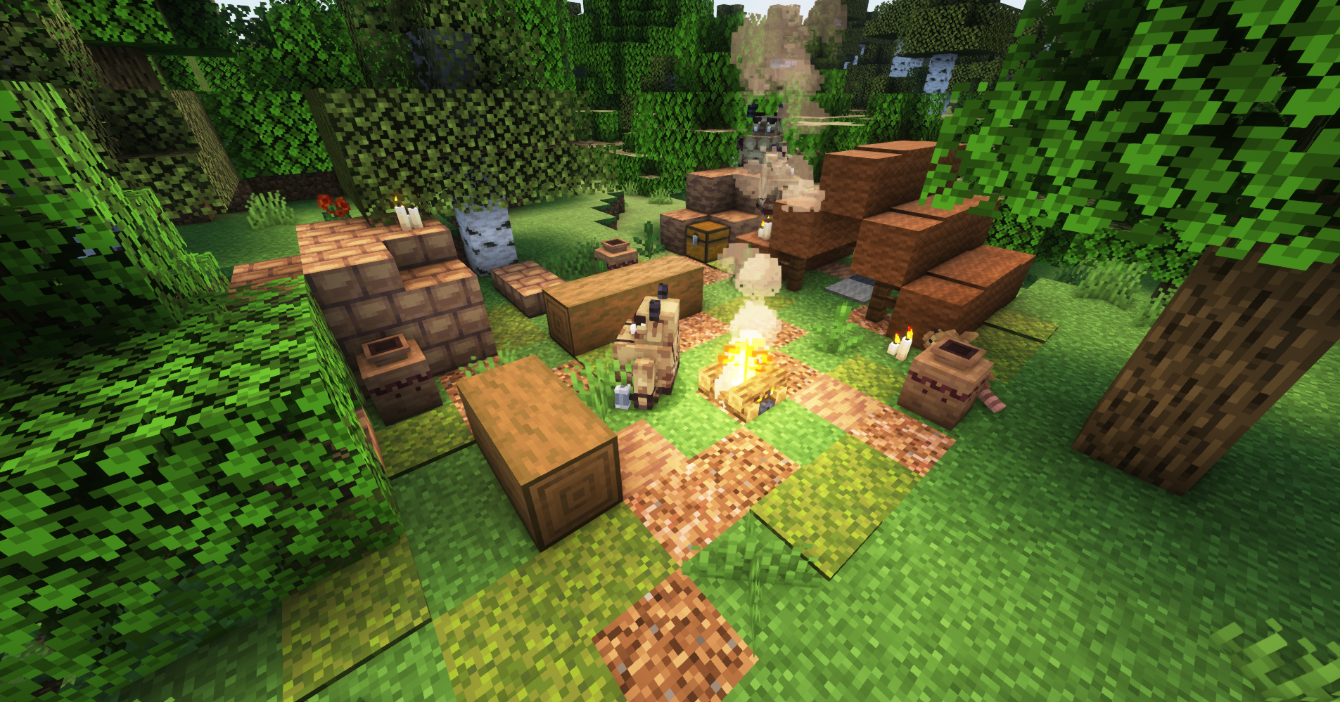 Игрок добывает ресурсы в Minecraft: рубит дерево и копает камень