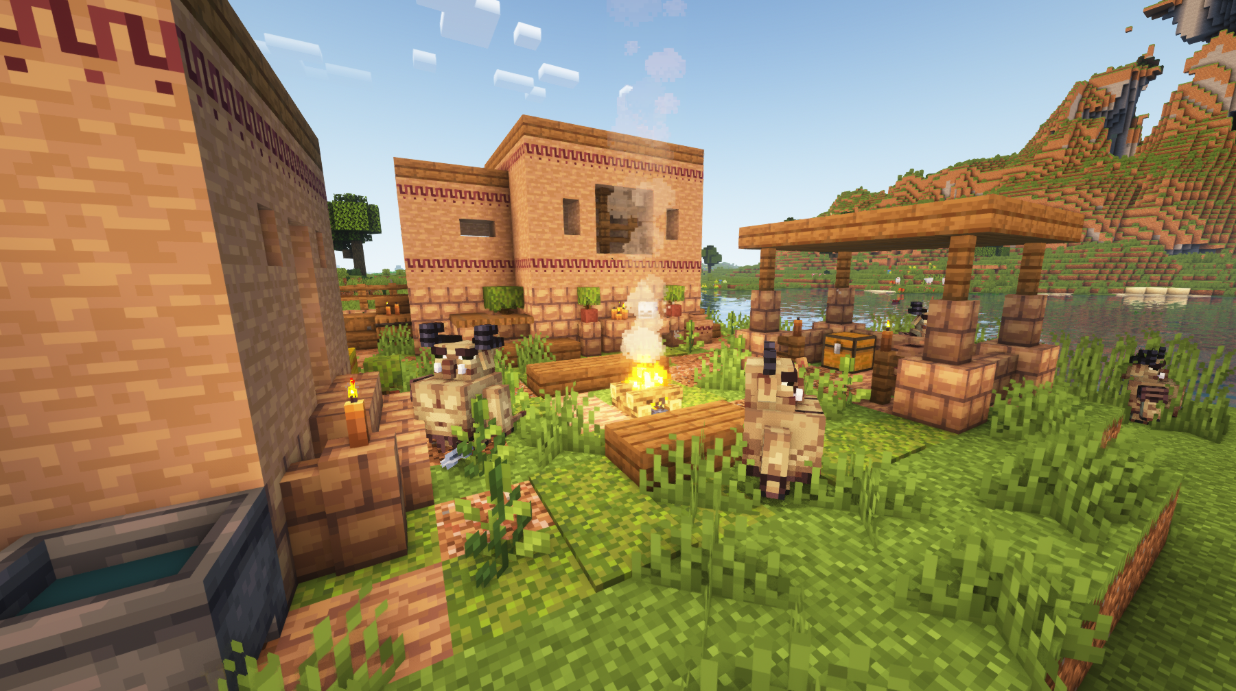 Красивый закат в Minecraft с видом на океан и горы