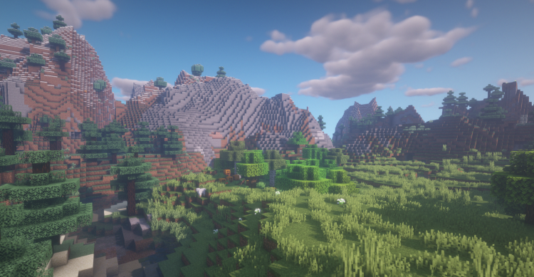 Красивый горный биом в Minecraft с водопадами и зелеными лугами