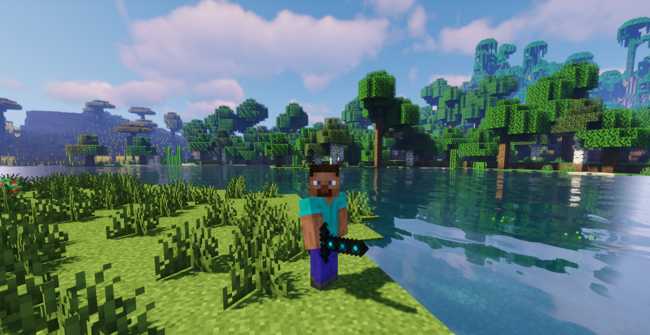 Игровой скриншот Minecraft с примененным текстур-паком Sculk Power, показывающий темные инструменты и окружение