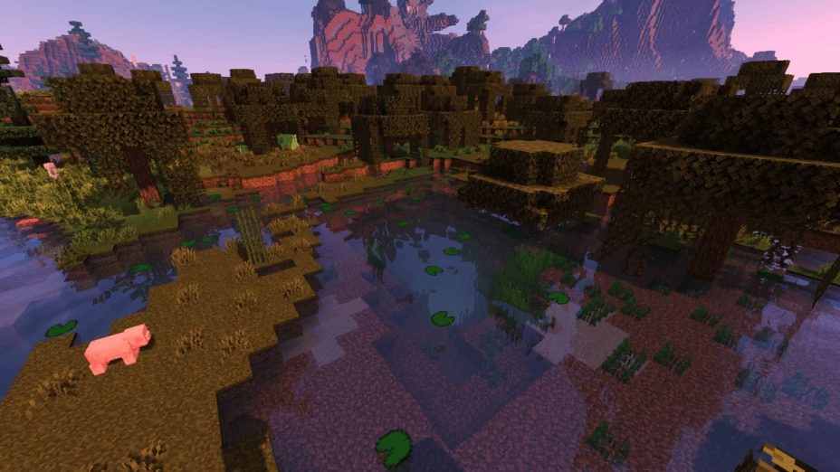 Ночной пейзаж Minecraft с шейдерами SFLP, демонстрирующий звёздное небо и динамическое освещение