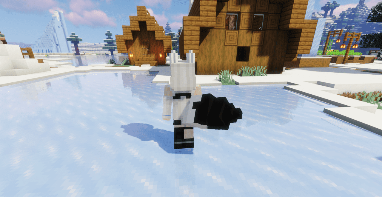 Ночной игровой процесс с Shirikami Fubuki: снег и огни в Minecraft