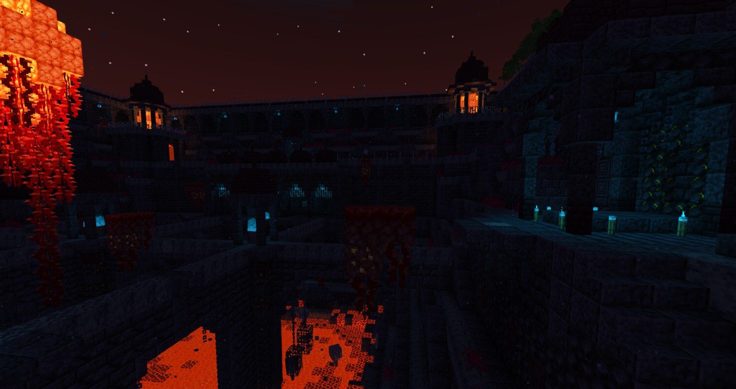 Minecraft ночью с Shrimple Shaders: мягкие тени и лунный свет
