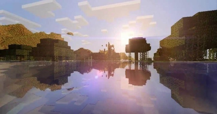 Ночной пейзаж в Minecraft с реалистичным лунным светом от шейдеров