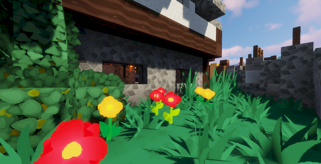 Деревня в Minecraft с мультяшными текстурами, яркие дома и окружение