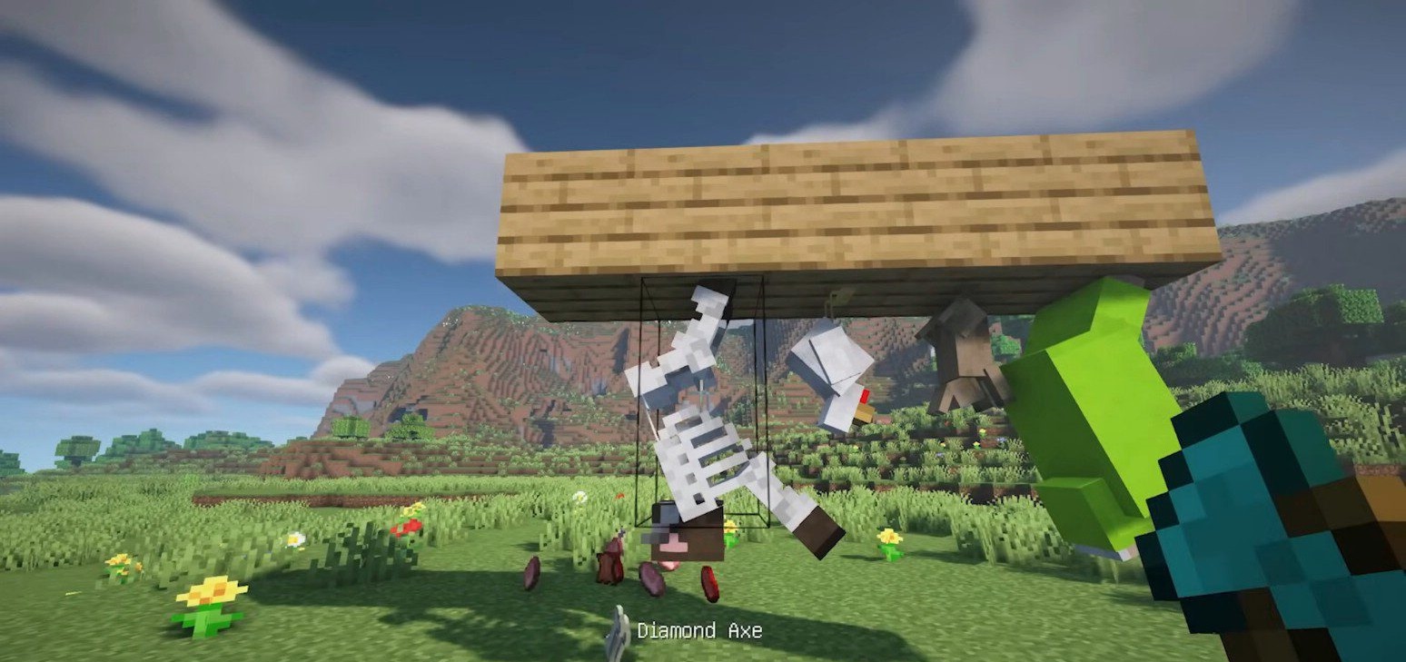 Процесс разделки коровы в Minecraft с помощью мода Simple Butchery