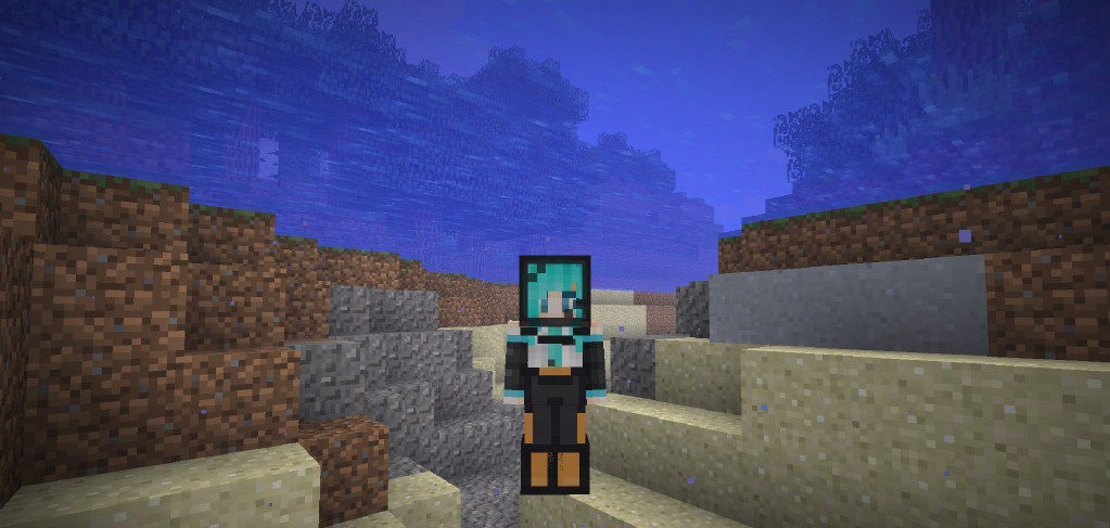 Игрок в водолазном костюме исследует подводный мир Minecraft с улучшенной видимостью