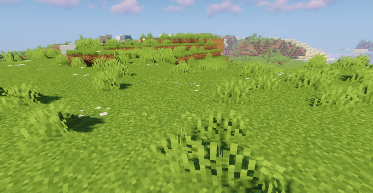 Скриншот Minecraft с текстур-паком Simple Grass Flowers, показывающий улучшенную траву