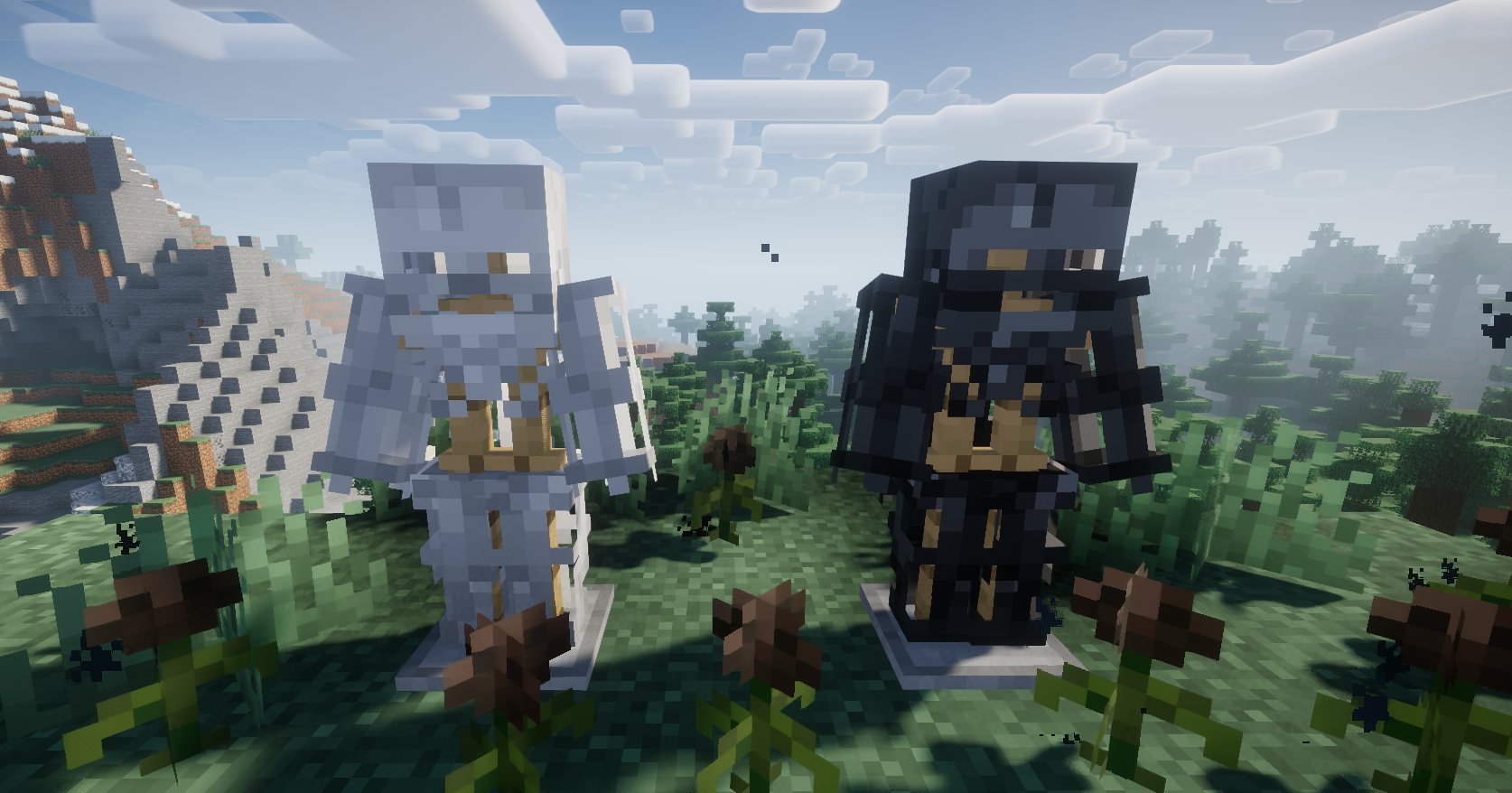 Скелет-лучник в Minecraft с луком в руках среди каменных блоков