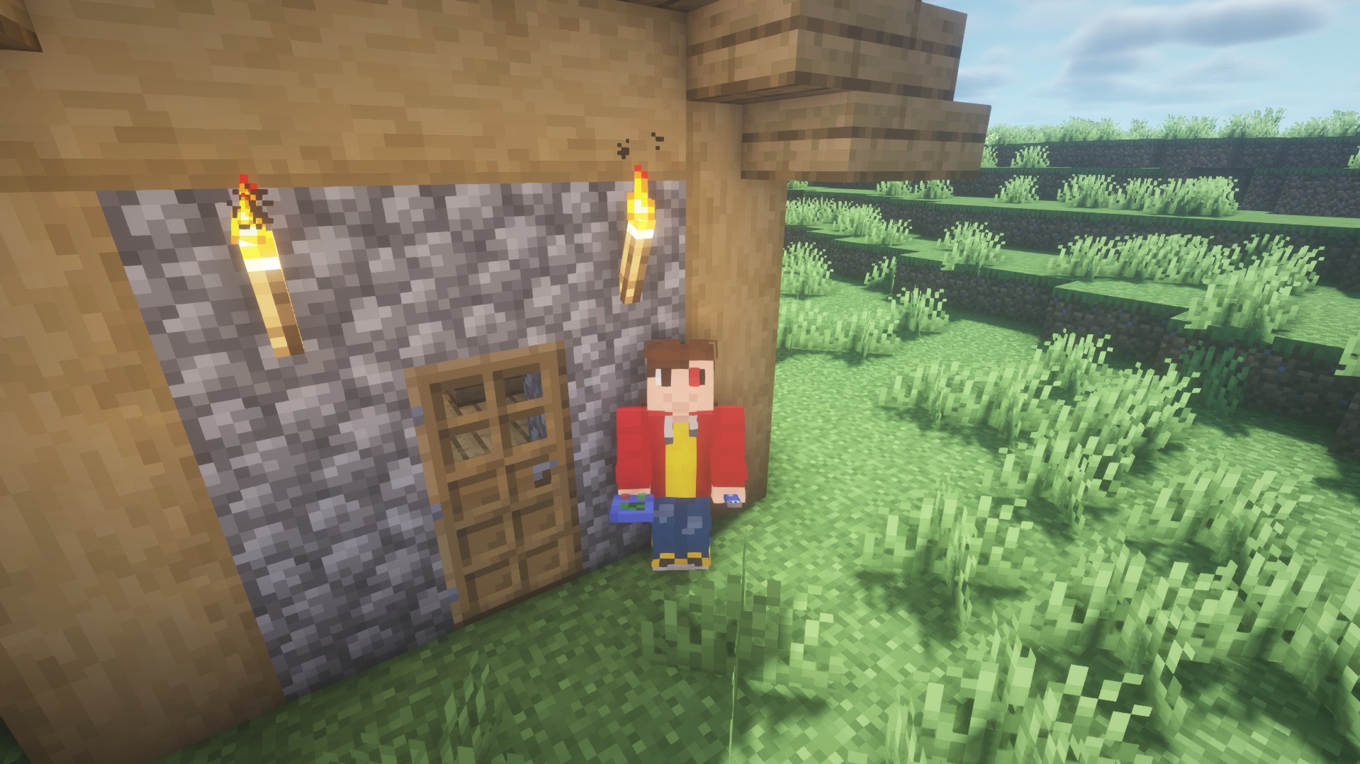 Красивый пейзаж равнинного биома в Minecraft с рекой и лесом