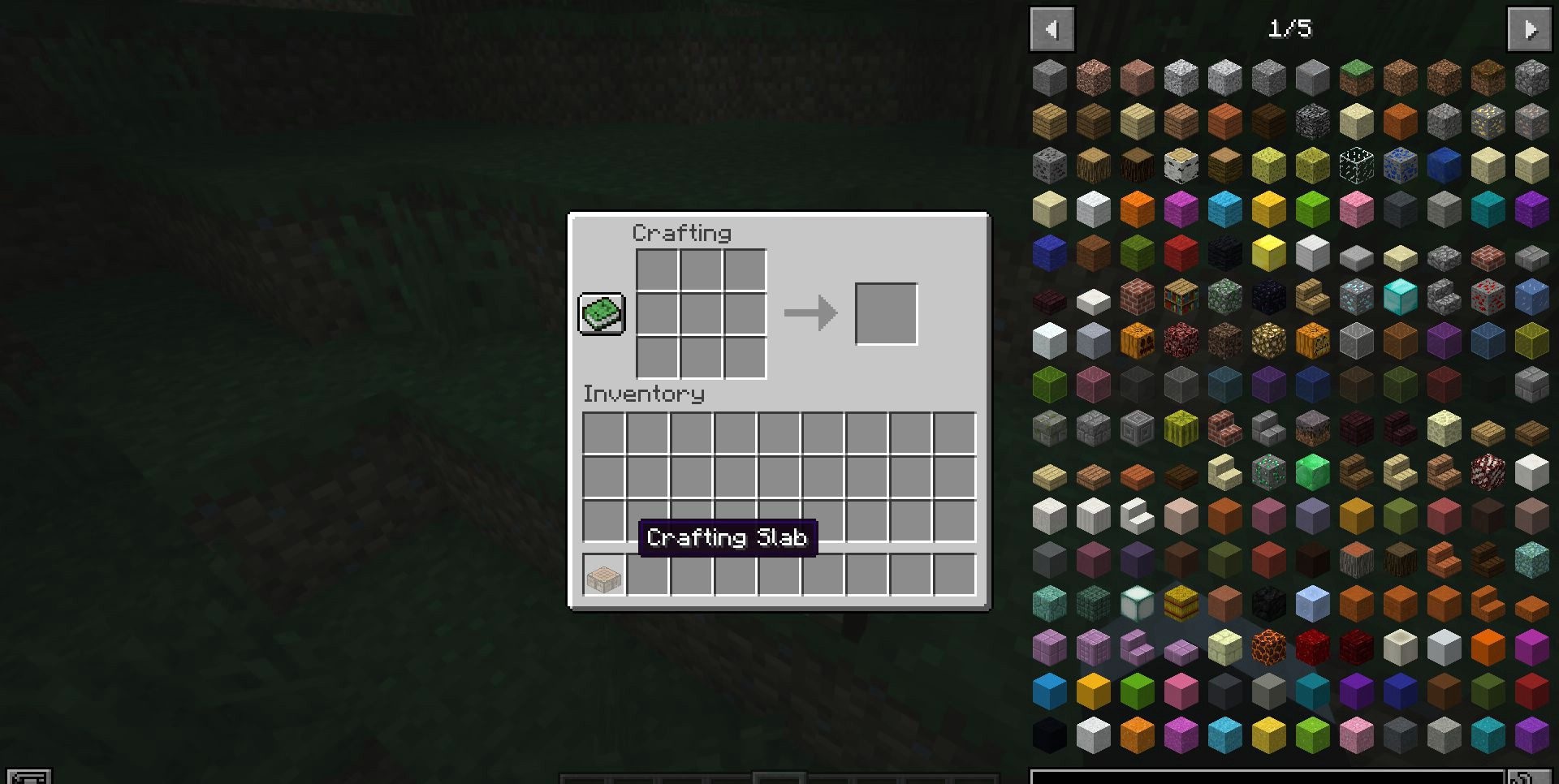 Интерфейс станка Slab Machine в Minecraft с примером крафта деревянных плит