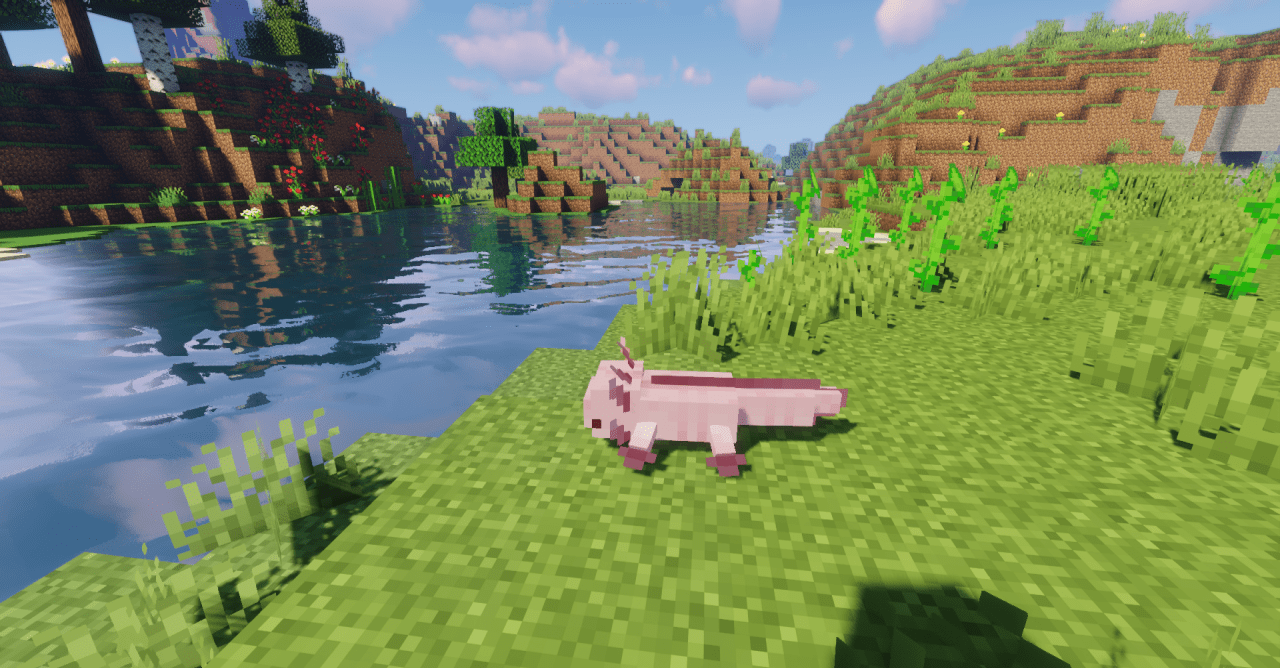 Яркие аксолотли в разных условиях освещения в Minecraft
