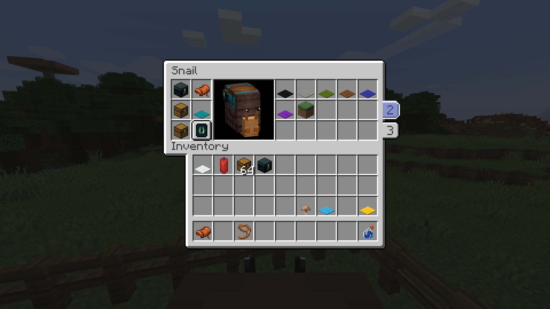 Инвентарь улитки в Minecraft с предметами для ухода