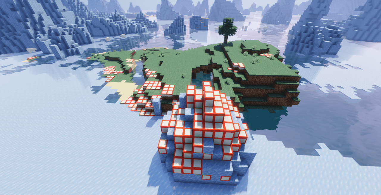 Ночной пейзаж с заснеженными холмами и мерцающими огнями в Minecraft