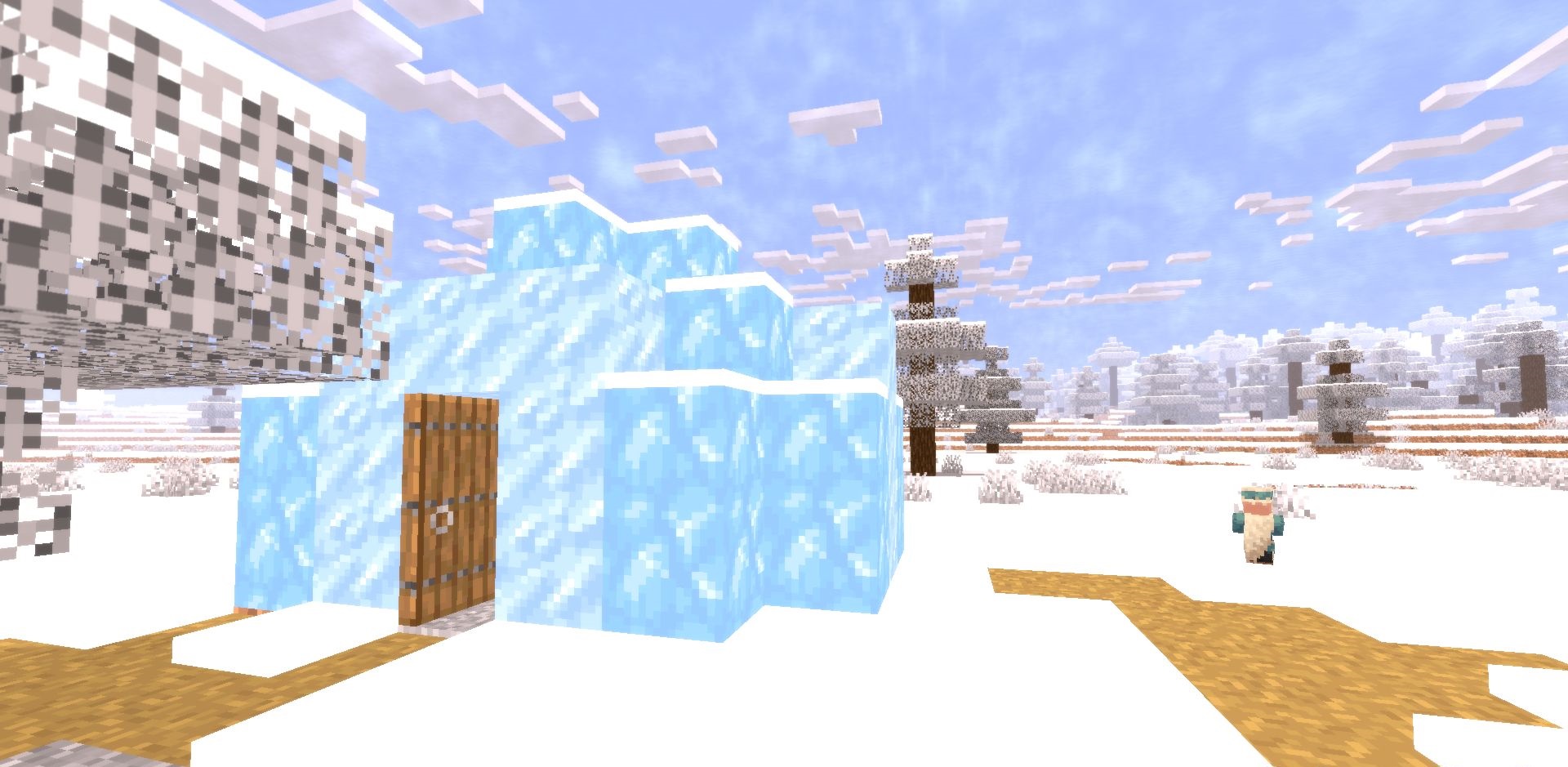 Зимний пейзаж в Minecraft с шейдером Snow Default: снежные холмы и замерзшие реки