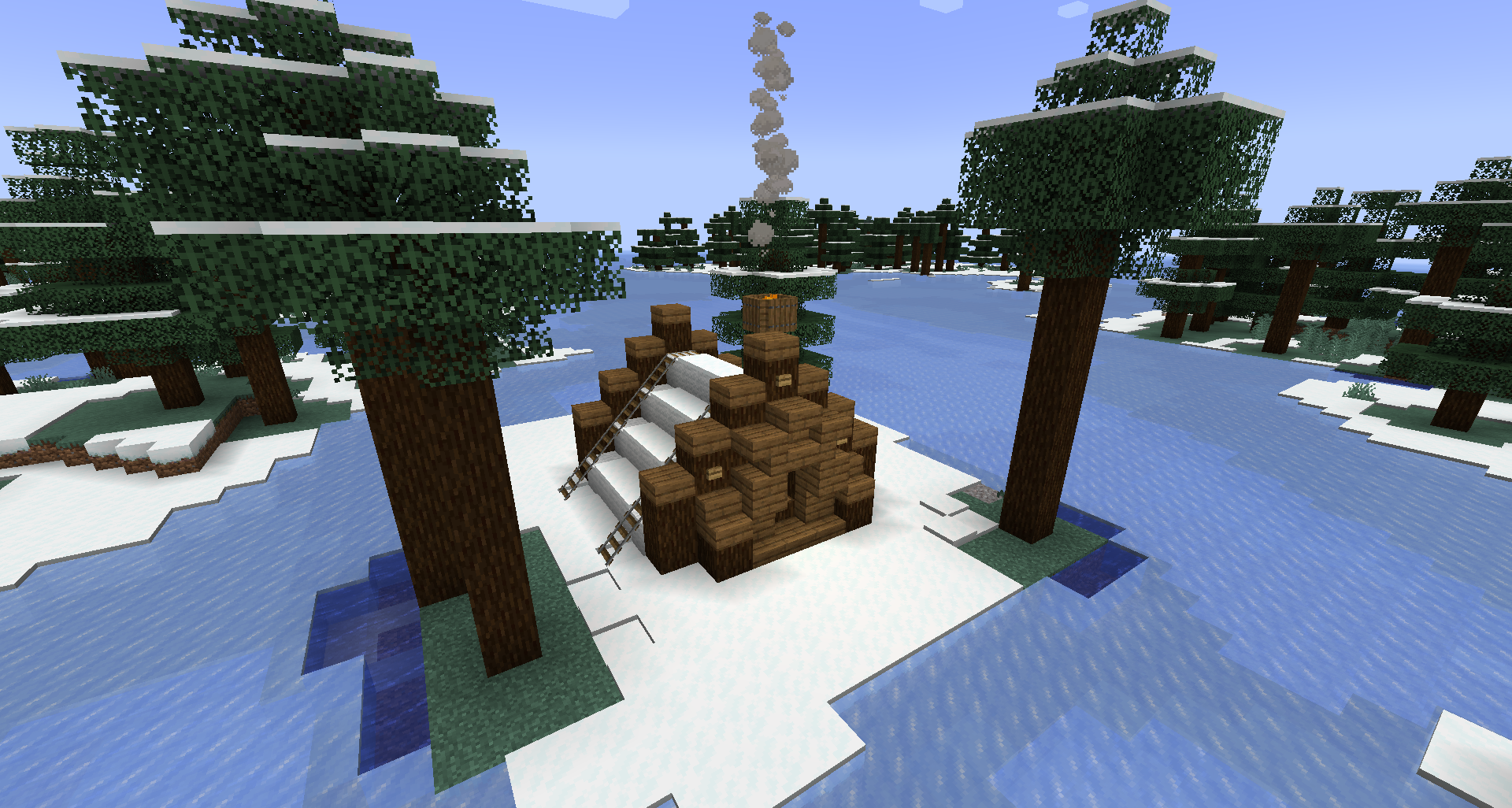 Игрок Minecraft исследует снежный биом с палатками из мода Snowy Tents
