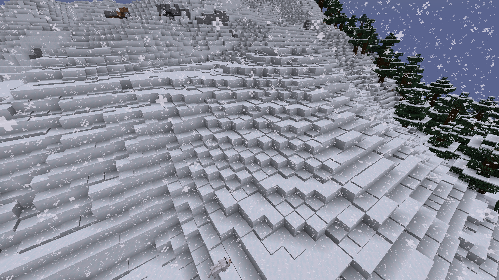 Игрок исследует заснеженный лес в Minecraft с модом StitchedSnow