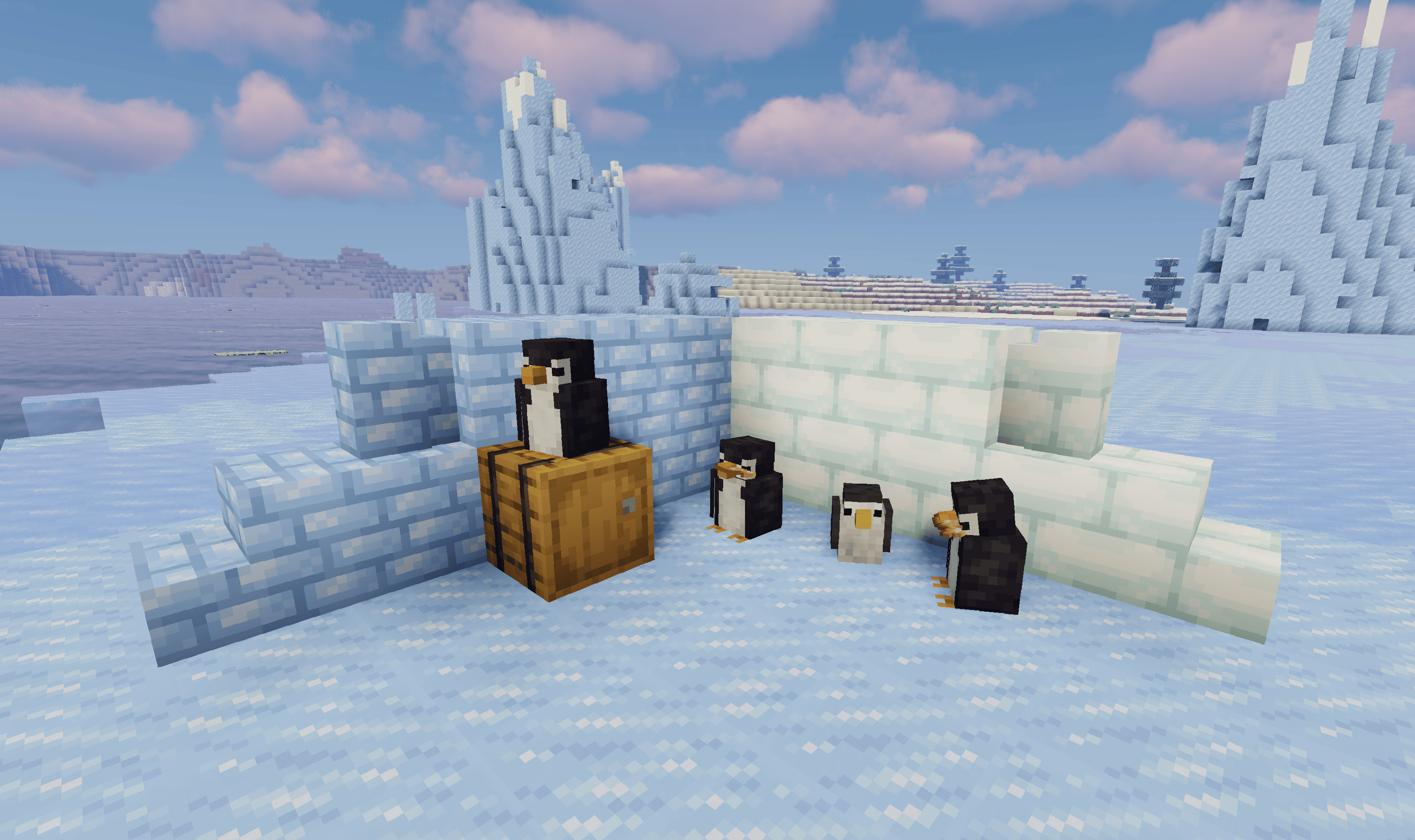 Зимний пейзаж с пингвинами в Minecraft после установки Ecologics