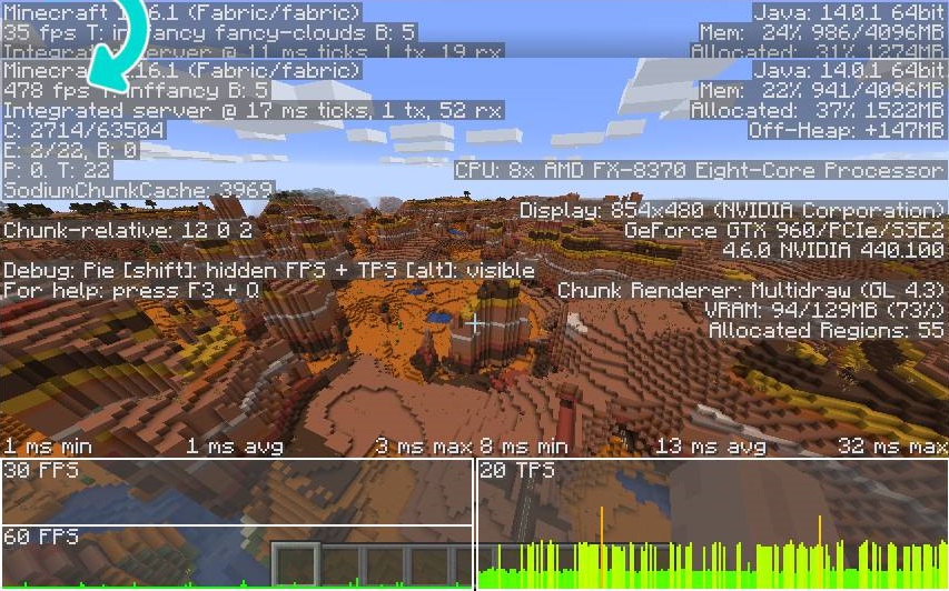 Скриншот Minecraft с установленным модом Sodium, демонстрирующий улучшенную графику