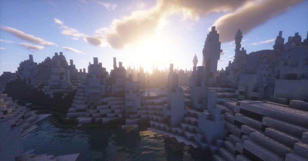 Горный пейзаж в Minecraft с шейдерами SEUS и реалистичным небом