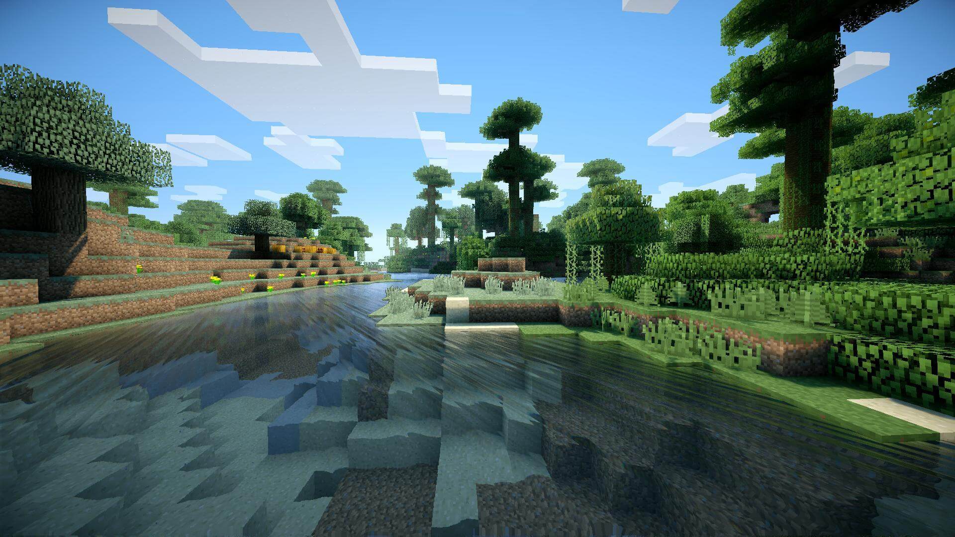 Эпический закат в Minecraft с реалистичными тенями и отражениями воды
