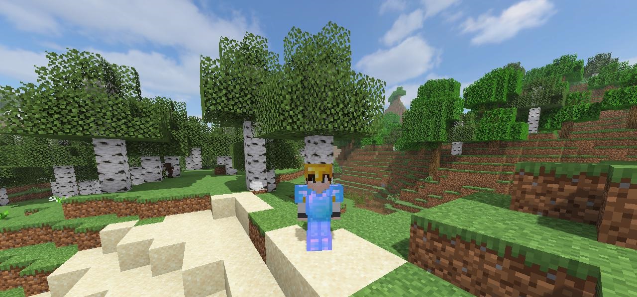 Закат в Minecraft с шейдерами SORA, показывающий красивые облака и световые эффекты