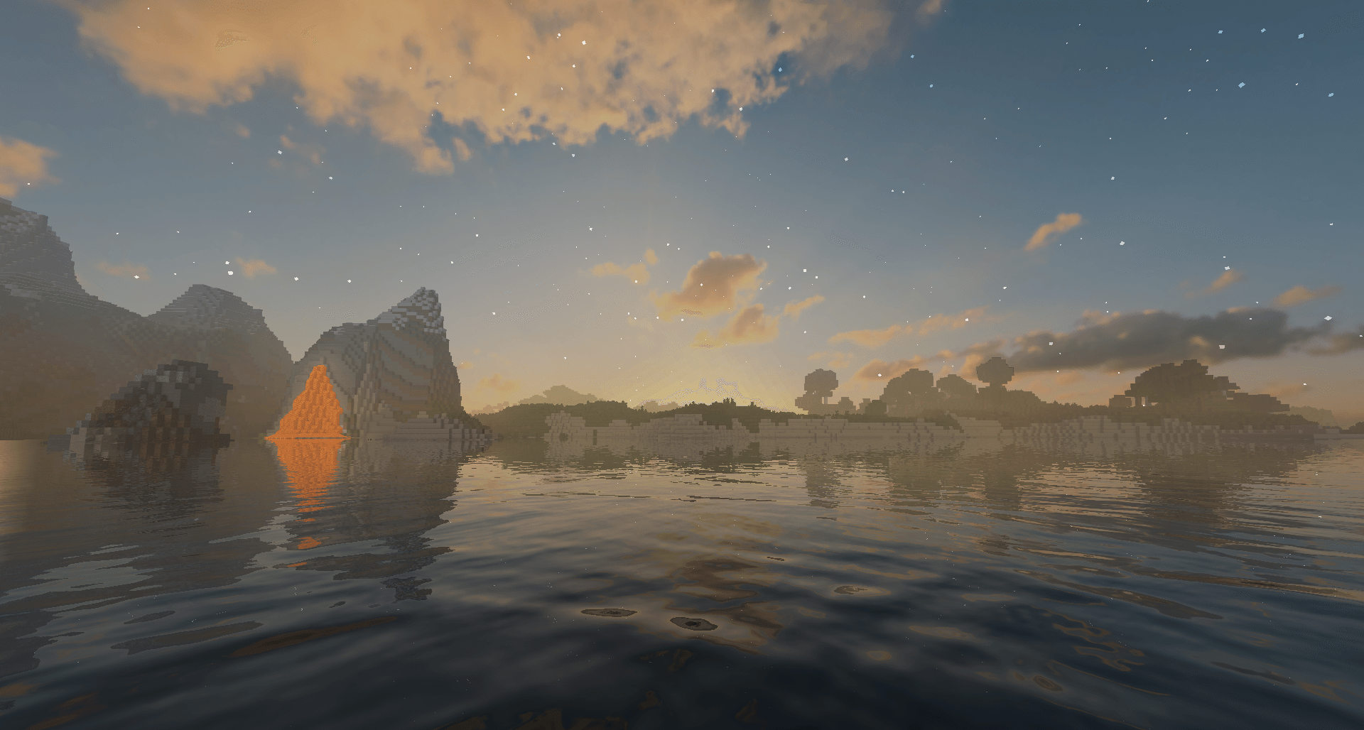 Горная река в Minecraft с шейдерами SORA, прозрачная вода и отражения