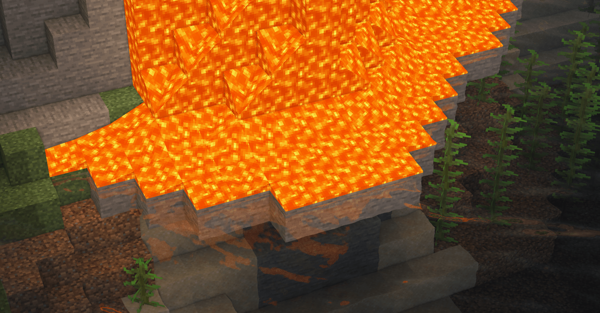 Горный пейзаж в Minecraft с шейдерами SORA, динамические тени и текстуры