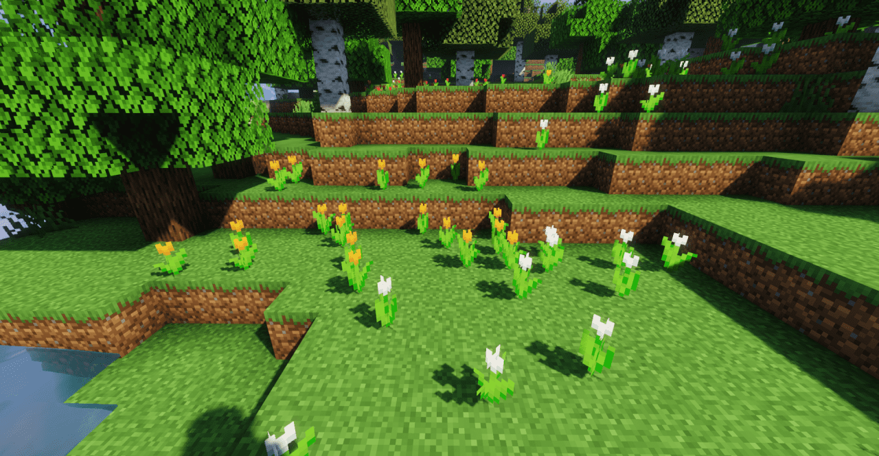 Ночной пейзаж в Minecraft с подсвеченными цветами из Spring Flowers