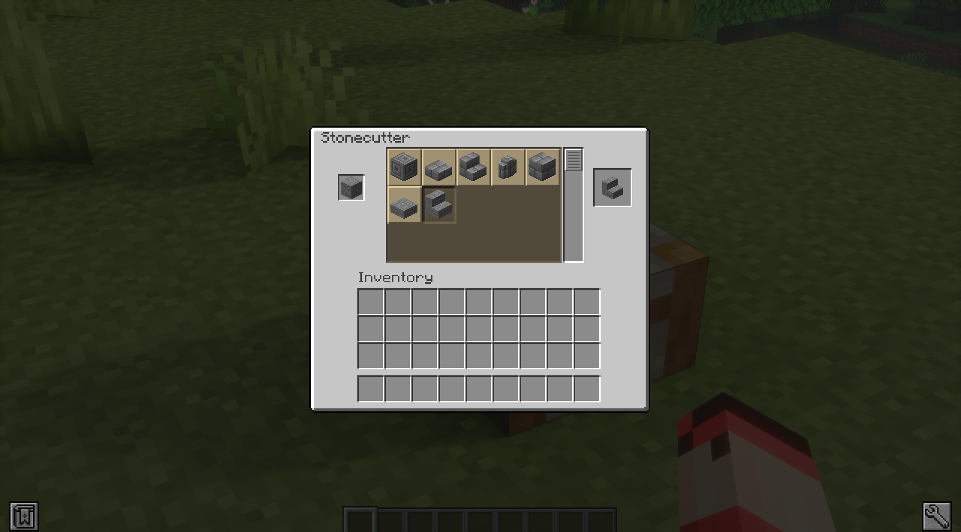Пример работы улучшенного камнереза в Minecraft с модом Stonecutter GUI Remastered