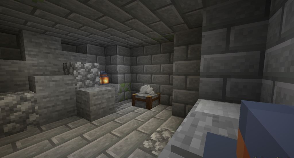Игрок исследует подземную деревню Stoneholm с каменными домами