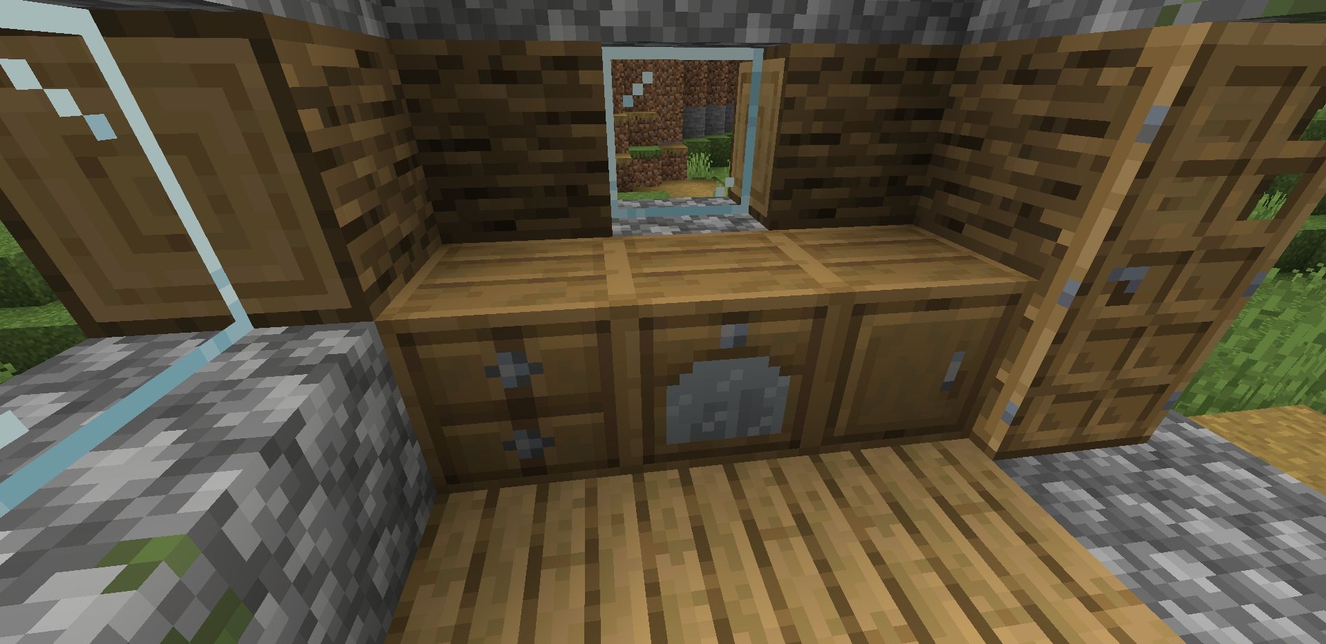 Пример использования Storage Delight в Minecraft: кухня с полками и шкафами