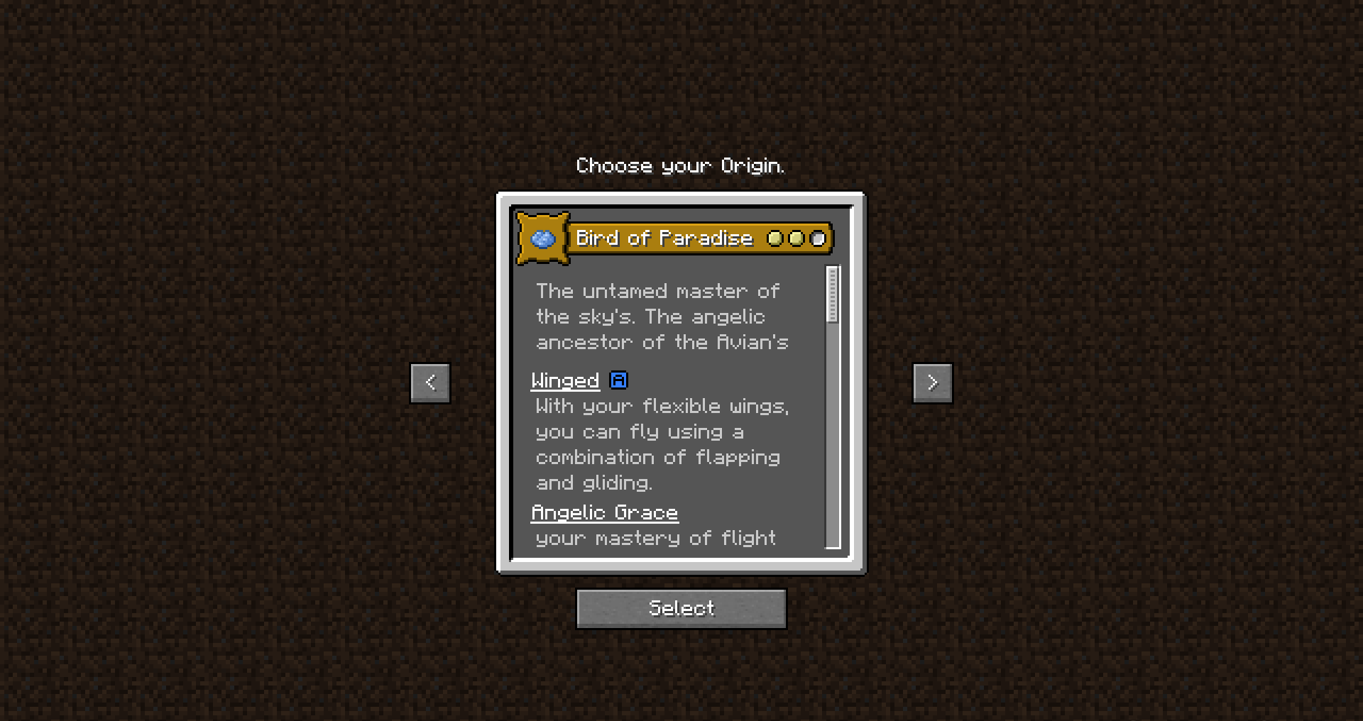 Настройки Strictly Origins Mod в меню Minecraft