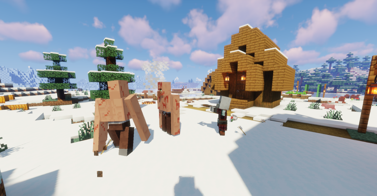 Группа модифицированных големов рядом с деревней в Minecraft