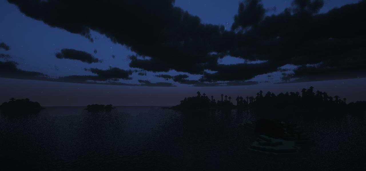 Ночной пейзаж в Minecraft с реалистичными тенями от шейдеров Sunflawer
