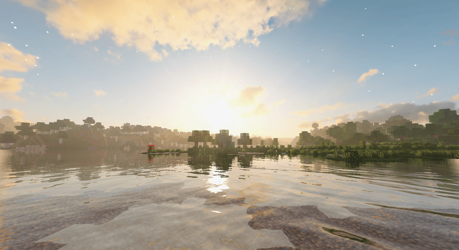 Закат в Minecraft с шейдерами SORA – красивые отражения и динамическое освещение