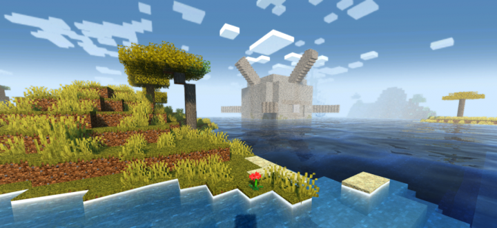 Красивый пейзаж Minecraft с шейдерами Super Duper Vanilla, демонстрирующий улучшенную графику и освещение