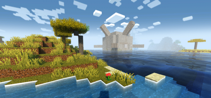 Красивый пейзаж Minecraft с горами, лесом и рекой