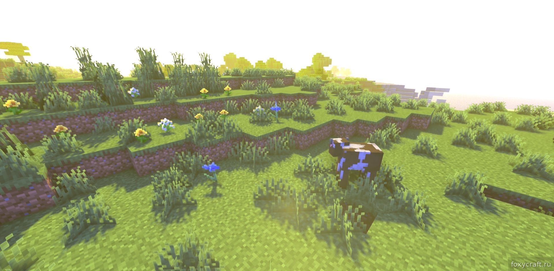Горный биом в Minecraft с шейдерами Super Duper Vanilla Reimagined, улучшенные тени и текстуры травы
