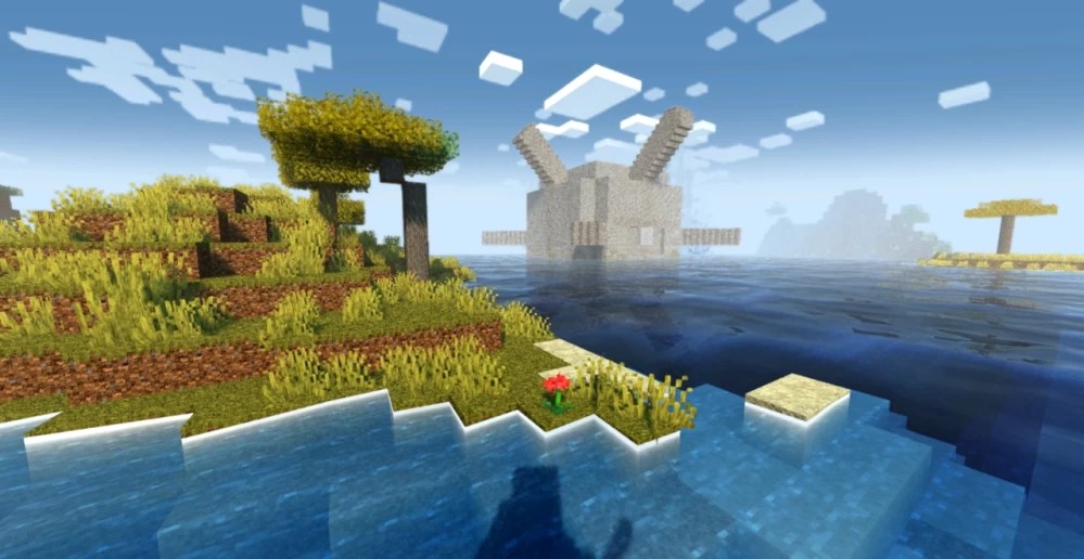 Деревня в Minecraft с шейдерами Super Duper Vanilla: теплые тона и естественное освещение