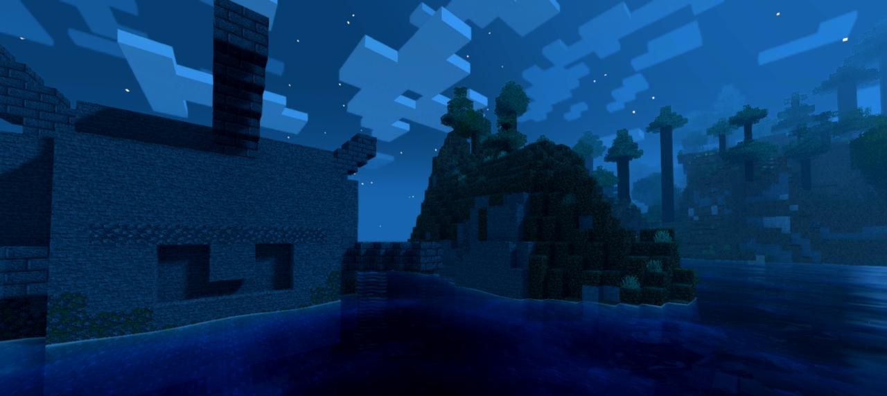 Ночной пейзаж Minecraft с улучшенным освещением и атмосферными эффектами от шейдеров