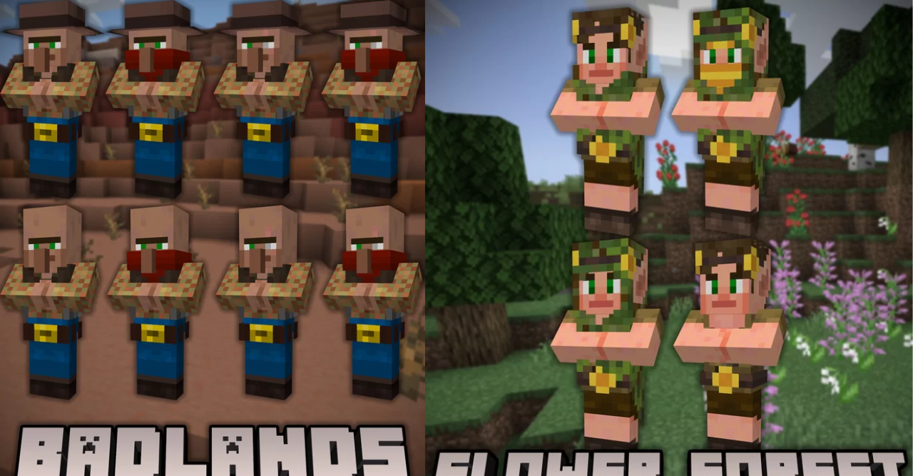 Примеры новых текстур жителей в разных биомах Minecraft