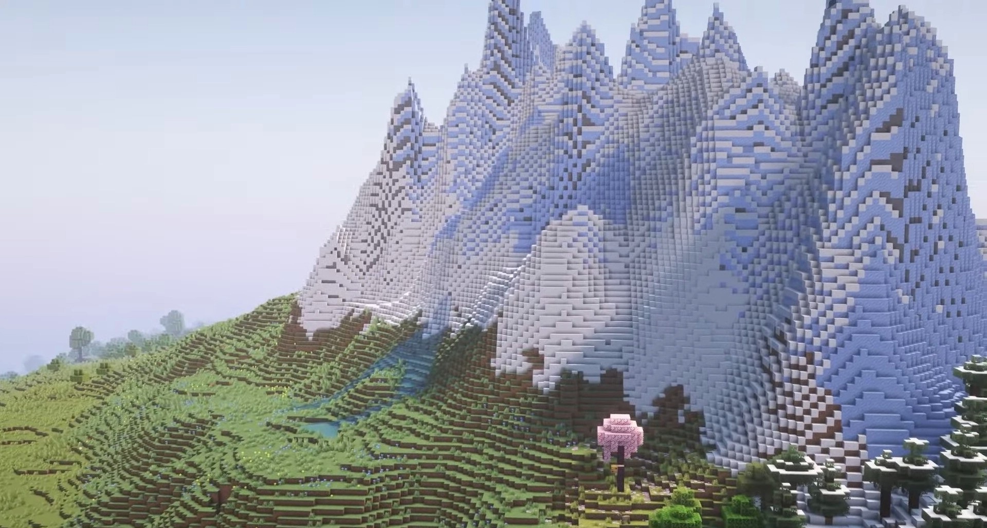 Вид с воздуха на разнообразные биомы в Terralith Mod для Minecraft